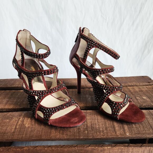 Michael Kors Shala Sandal Womens 5.5 HIgh Heels Open Toe Red/Maroon Shoes Gems - Picture 1 of 9